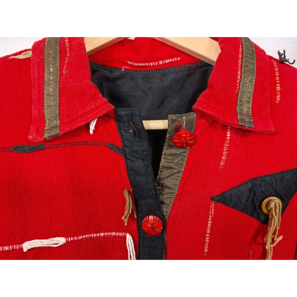 Red‎ Artisan Jacket Textured Tassels Geometric Appliqué Artwear M Boho Unique - Picture 5 of 8